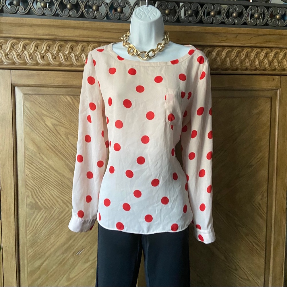 Loft light peach orange polka dot pocket blouse